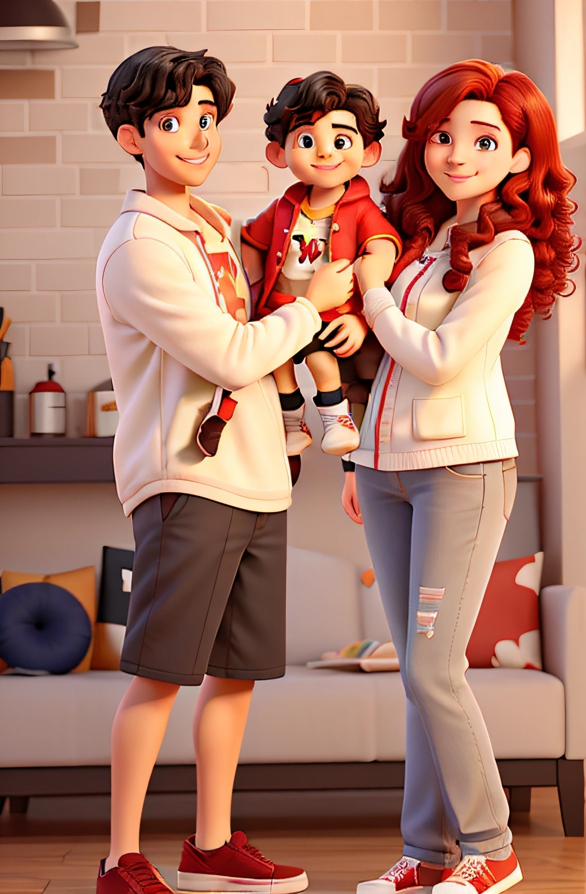 Black haired man and straight red haired woman holding a curly black haired brunette boy boy smiling in his arms