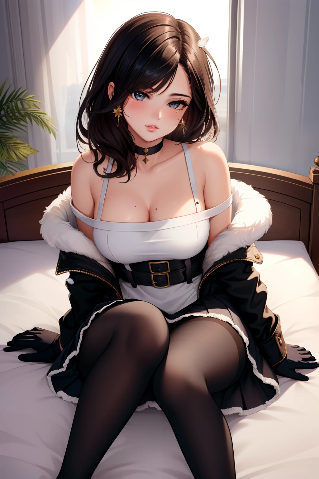 (masterpiece, best quality),  intricate details,
1girl, Selena Gomez , shirt, gloves, off shoulder, bare shoulders, fur trim, jacket, skirt, single leg pantyhose, asymmetrical legwear, uneven legwear,bird, feathers, mole under eye
indoors, on knees, bed, looking up,