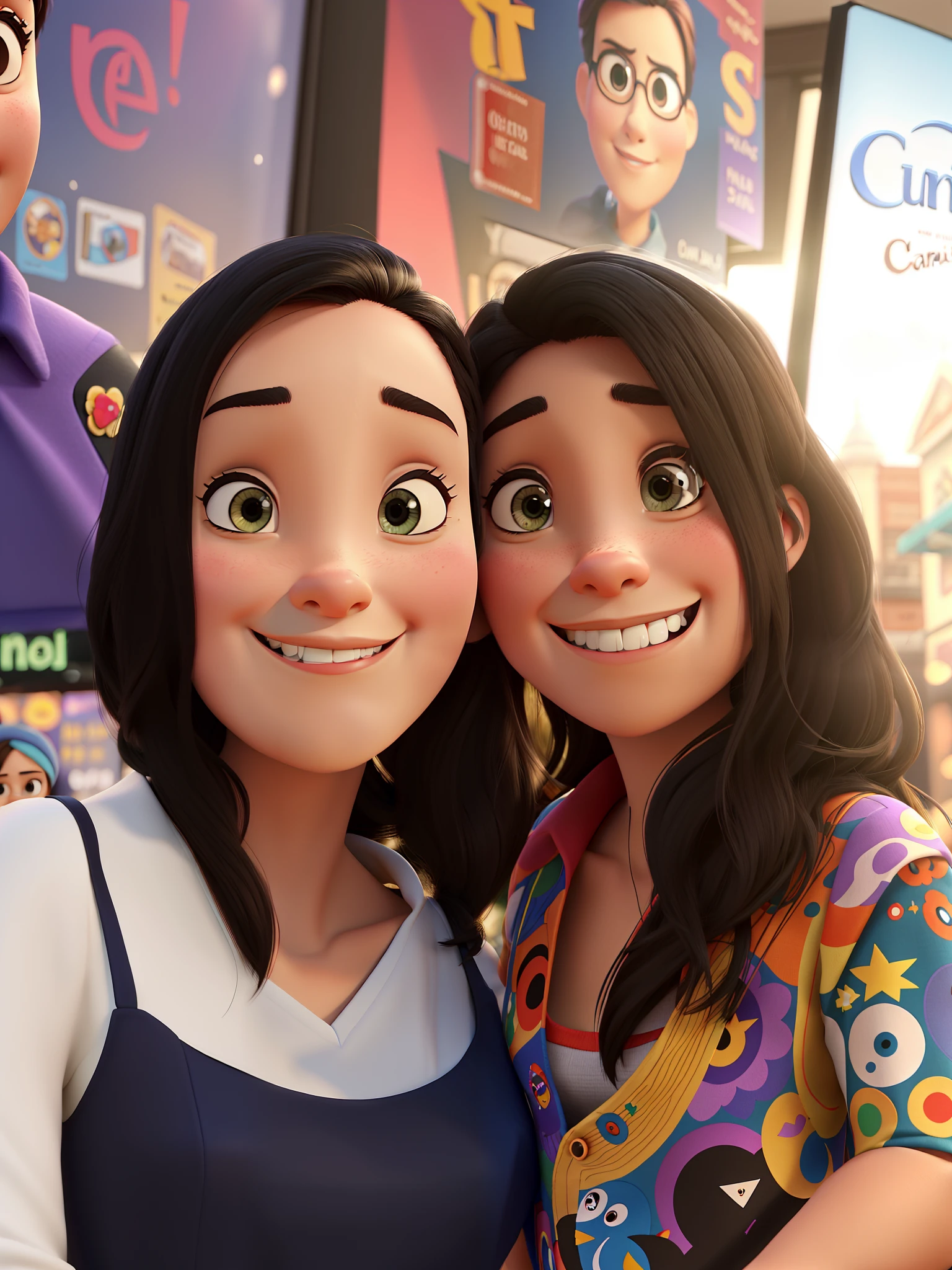 Estilo Pixar, alta qualidade, duas amigas em frente a um cartaz de cinema
