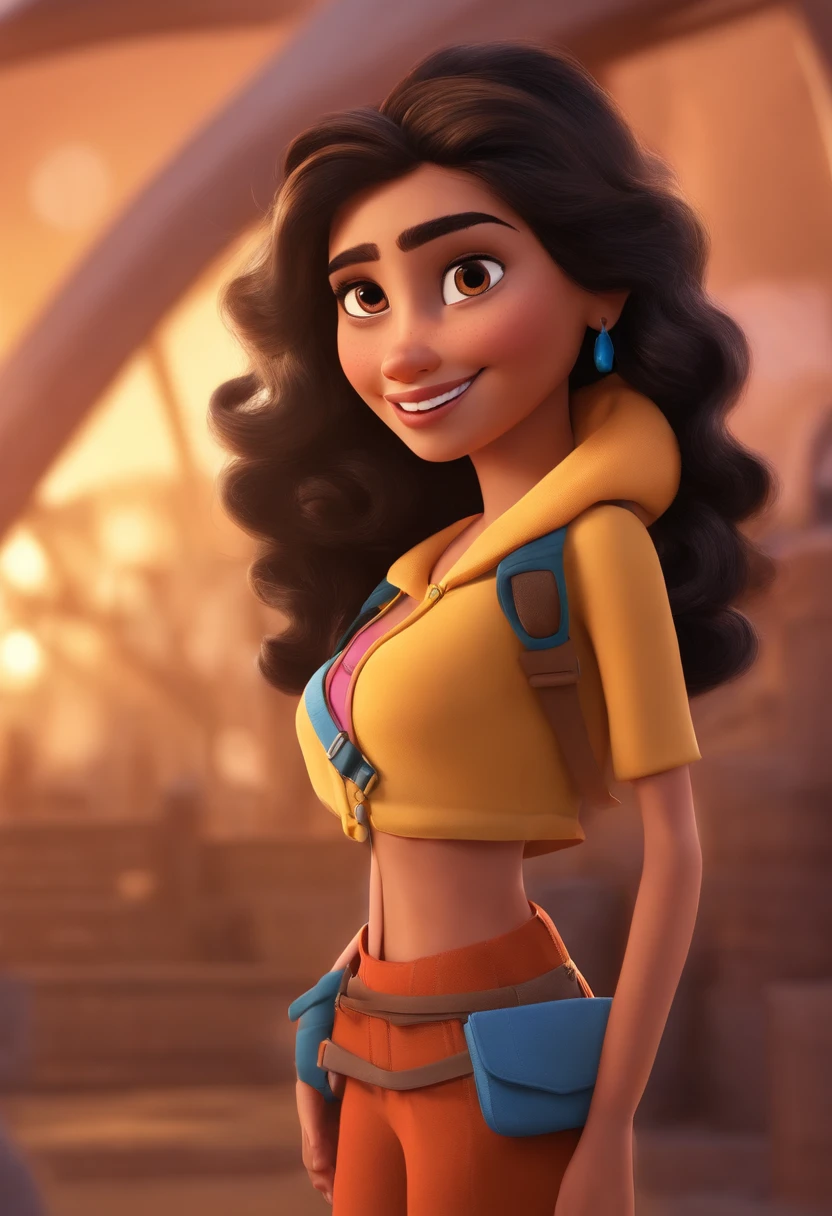 Imagem de uma mulher morena, olhos amendoados e cabellos longos e sobrancelhas arqueadas, for a story in a YouTube video in Pixar format, She's cheerful and smiling, He's the class leader, He's outgoing, Playful and gets up for a lot of things.