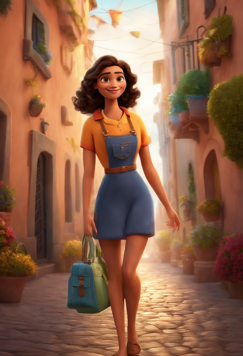 Imagem de uma mulher morena, olhos amendoados e cabellos longos e sobrancelhas arqueadas,  for a story in a YouTube video in Pixar format, She's cheerful and smiling, He's the class leader, He's outgoing, Playful and gets up for a lot of things.