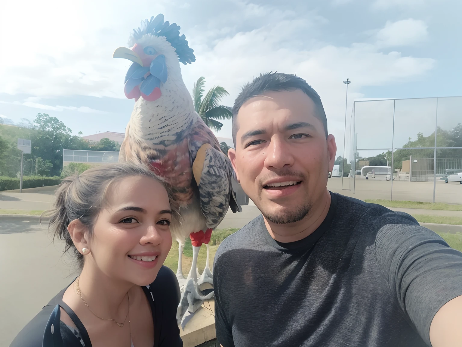They are posing for a photo with a chicken statue in the background, com um papagaio grande, com um parque ao fundo, imagem de perfil, em jardins de maconha, with great birds, Karla Ortiz, Foto realista, Directed by: David Ruby, Selfie, 4 k post, Postagem 4k, Assumido em Go Pro Hero8, Directed by: Milton Menasco, Torne-se profissional