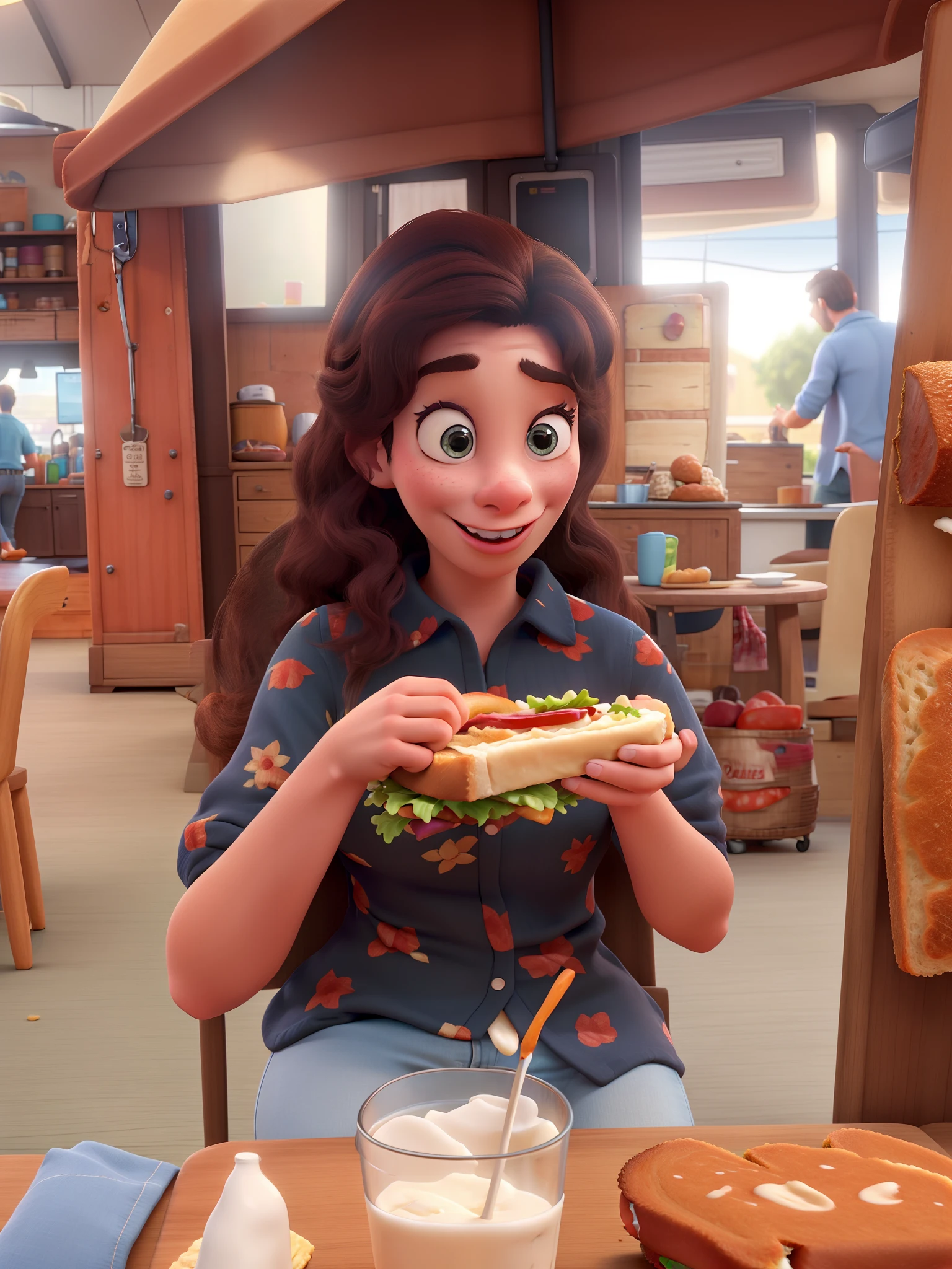 A Woman Eating Sandwich, in great quality and definition in the Disney Pixar style
