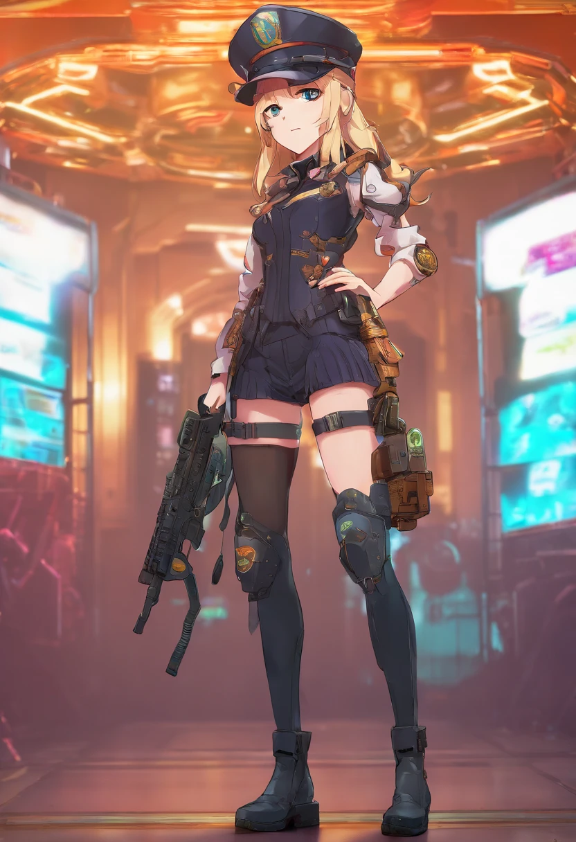 masutepiece,in 8K,High quality,Fine detail,super precision,twinsies(Stand back to back),Big guns,large boob,bomber jacket,Short pants,vila(cyberpunked),dazzling neon light,mechanical full moon,