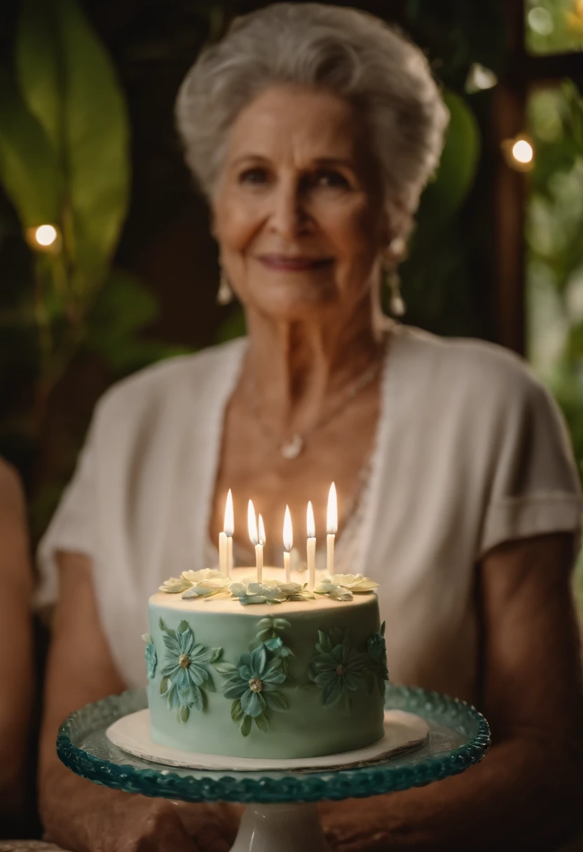 Na cena real, uma casa simples de paredes verdes, It's the older couple's 80th birthday, ela vestindo azul, cabelos curtos encaracolados, ele vestindo branco, cabelo liso, junto deles 3 mulheres de 40 anos cabelos curtos e pretos, todas vestindo azul, e mais 3 homes de 40 anos, vestindo branco, todos em volta de umbolo branco e redondo, All with one hand on the cake.