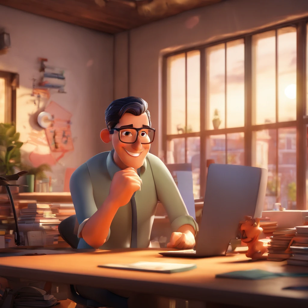 Create a Disney Pixar inspired poster with the character as a 40 year old man, short black hair, no glasses, smiling, Pixar image, in an office with notebook on the table, modern style bookshelf full of books, office window with background of various buildings