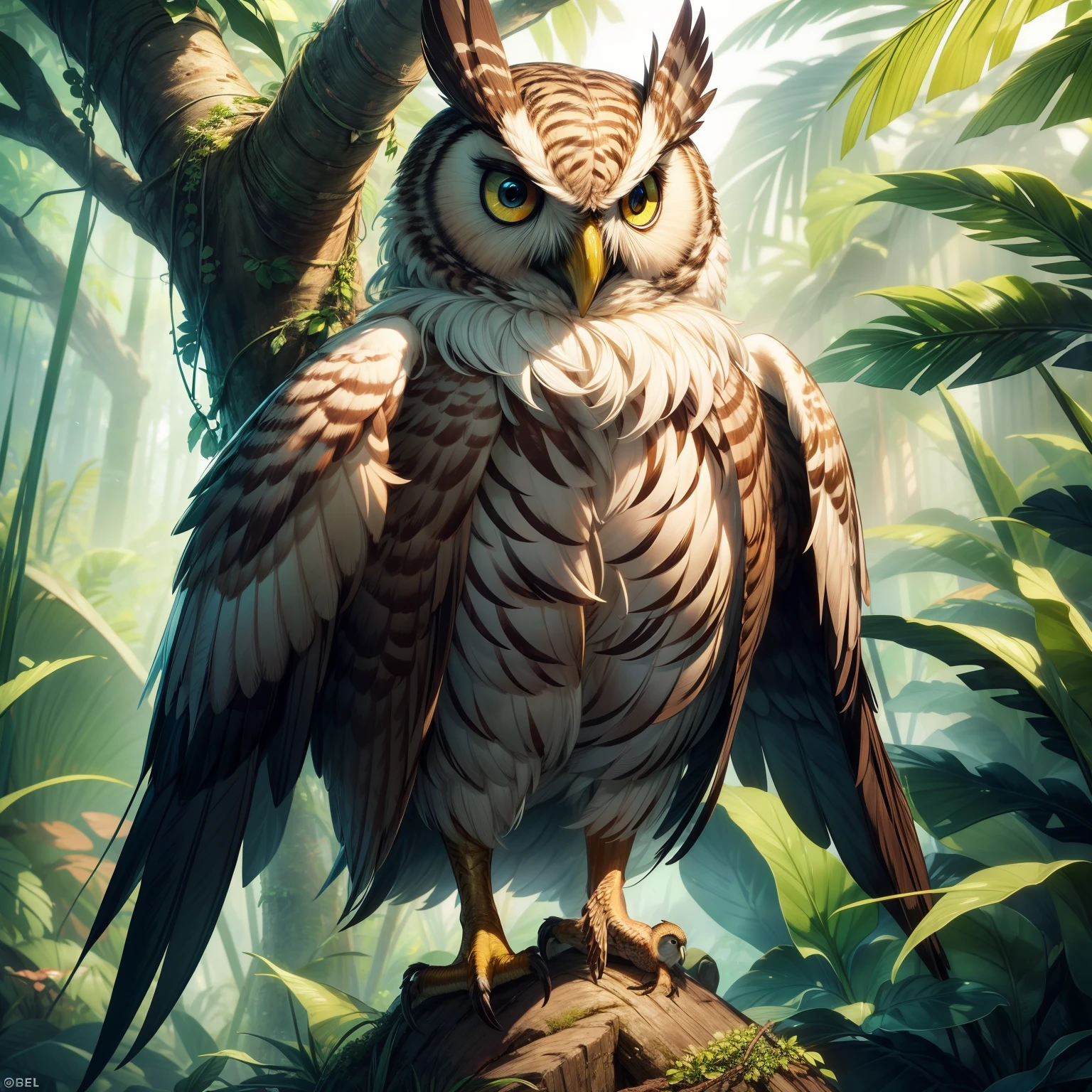 Masterpiece:1.2,Ultra-detailed,Realistic,Jungle owl,Delicate feathers,Sharp gaze,Meticulous eyes,wisdom,Detailed beak,Feather texture,Lush greenery,Silent presence,majestic pose,Vivid colors,Natural habitat,Emerald tones,Soft natural lighting