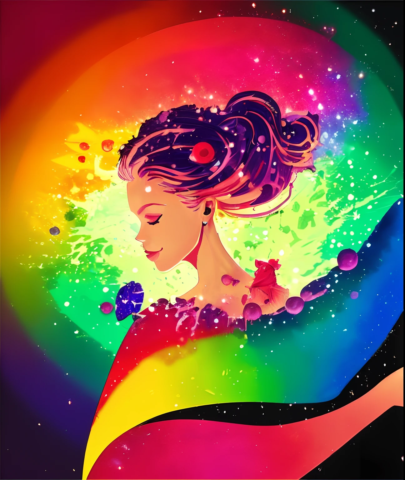 A beautiful woman holds a Barbie doll while looking at it with excitement. From her imagination arises a rainbow, butterflies and a magical world surrounded by beauty. Colorful Illustration, Beautiful Beautiful Digital Art, Gorgeous Digital Art, Colorful Illustration, Beautiful Digital Art, Mixed Media Styled Illustration, Side Profile Illustrations, Colorful Art