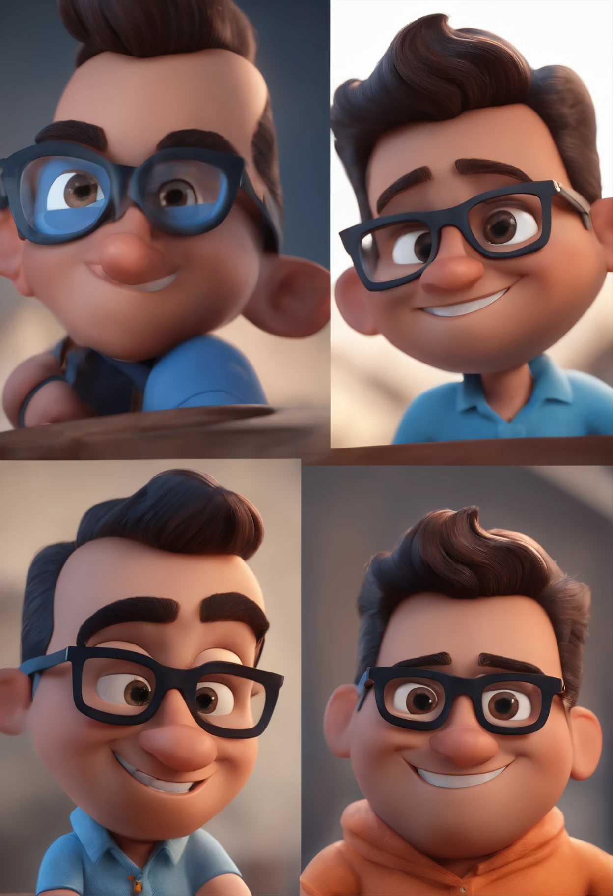 Cartoon character of a man with black glasses and a blue shirt, animation character, Caractere estilizado, animation style rendering, 3D estilizado, Arnold Maya render, 3 d render stylized, toon render keyshot, Personagem 3D, Personagem 3D, 3d rendering stylized, 3 d character render, personagem de desenho animado, Personagem de close up, Pose de personagem,  (Estilo Pixar) (master part:1.2) (Bokeh) (best quality) (pele detalhada) (textura detalhada) (8k) (argila) (Cinematic lighting) (foco nítido