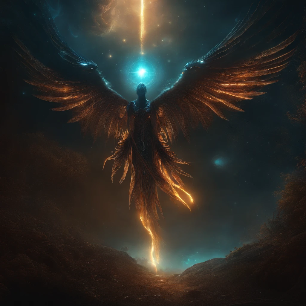 Fallen Angels of the Universe, glowing light eyes, biomechanical, eery, creepy, nightmarish, Very bright colors, light Particle, with light glowing, Musif, Wallpaper Art, UHD Wallpapers