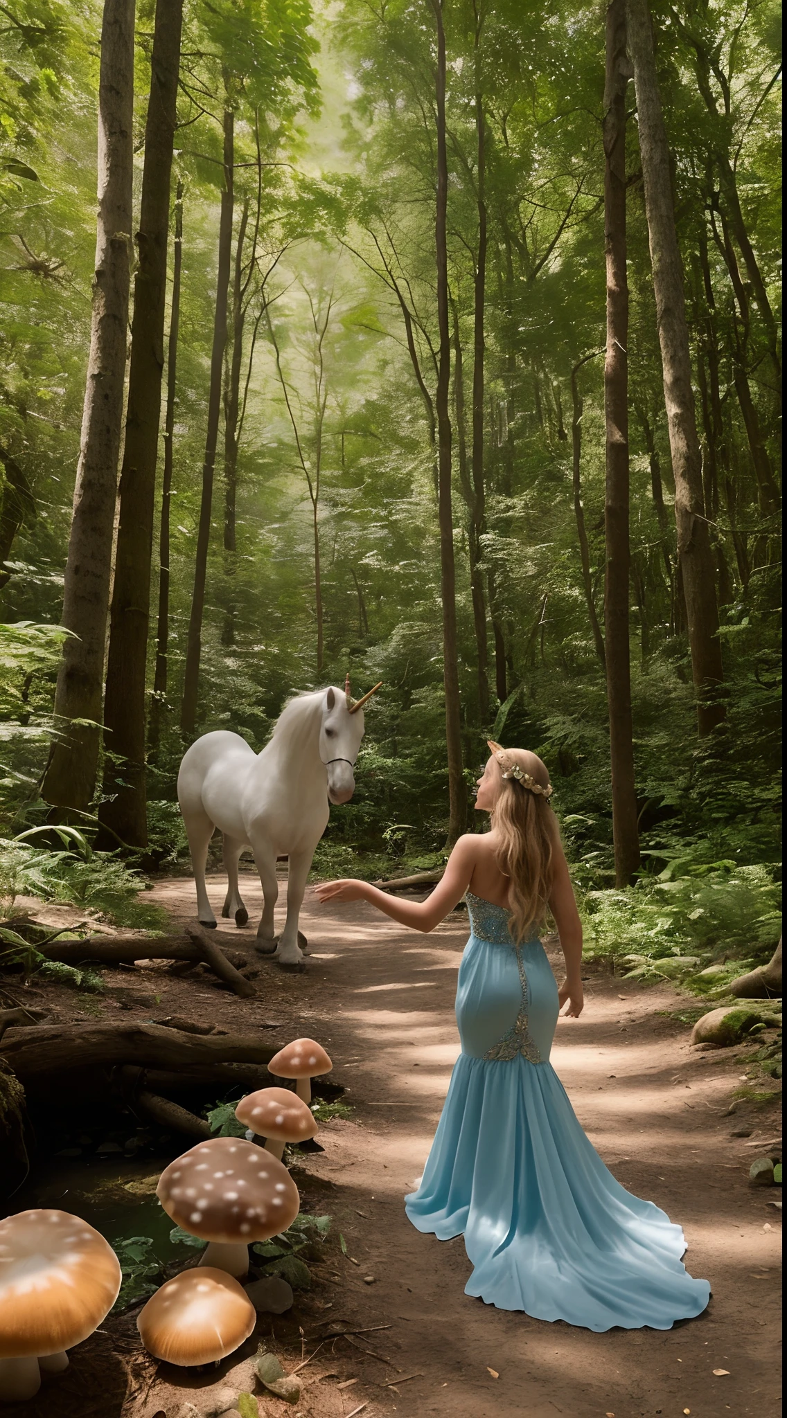 Create a 1-minute 4K video depicting a girl on a magical journey through the forest. The girl, wearing a blue ensemble, walks on a trail through tall trees with floating lights. She hears a sound and heads to a clearing where she finds a white and silver unicorn. The unicorn approaches and lets the girl pet him. Then, they both walk along the trail full of colorful mushrooms that glow when stepped on. They arrive at a lake with crystal clear waters where mermaids and water fairies dance. The girl watches in amazement before continuing her journey with the unicorn. The soundtrack is magical and ethereal. The video conveys enchantment and fantasy."