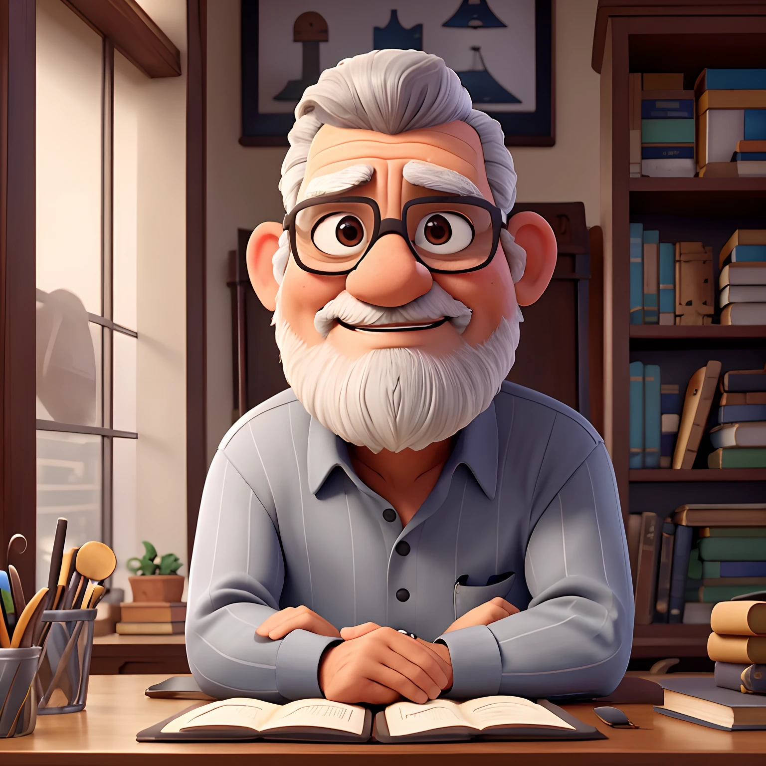 velho, inspirado na Disney Pixar, Inspirado pelo pastor ( Rubens Janeiro ) A gray-haired man wearing glasses in an office with a book on the table looking to the serious future, old man, cabelos grisalhos, um terno
