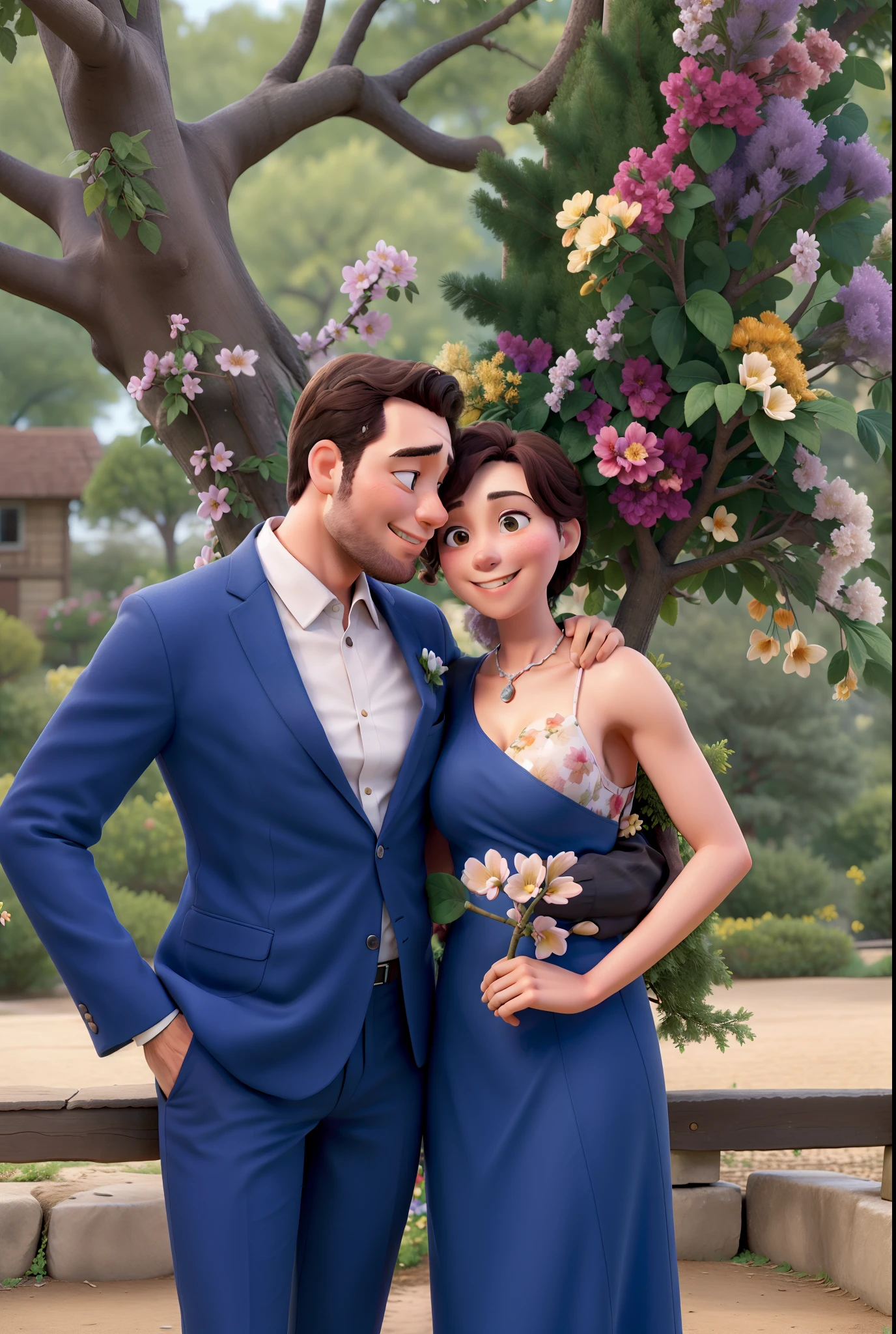 A top-notch image of a romantic hugging man and woman smiling with a tree with flowers behind