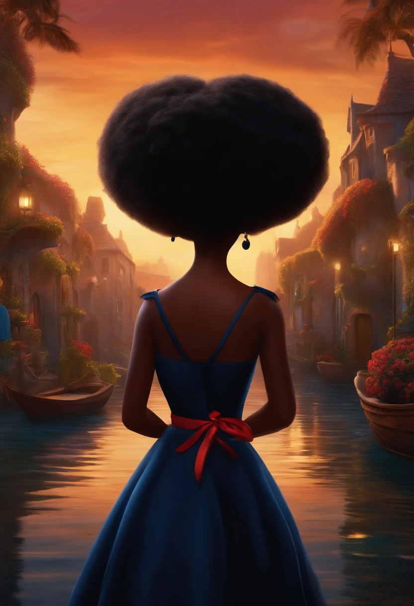 Um filme inspirado na Disney Pixar (MENINA NEGRA JOVEM COM CABELO LONGO CACHEADO PRETO) dentro A cena estar na arte distinta do estilo PIXAR, descolada e estilosa