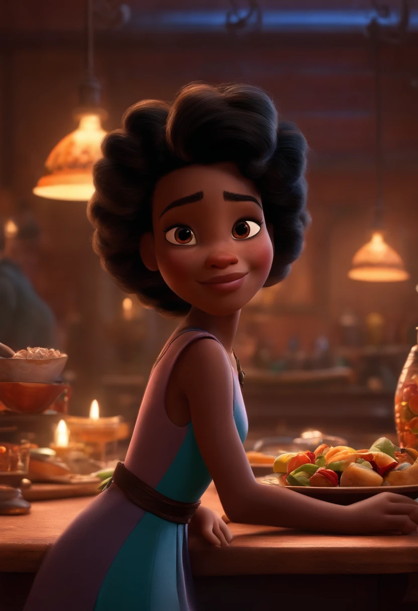 Um filme inspirado na Disney Pixar (****** NEGRA JOVEM COM CABELO LONGO CACHEADO PRETO) dentro A cena estar na arte distinta do estilo PIXAR, descolada e estilosa