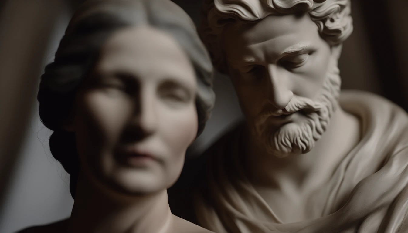White marble statue, stoic man and his woman, full body, 8K cinematic dark background, ultra realistic.