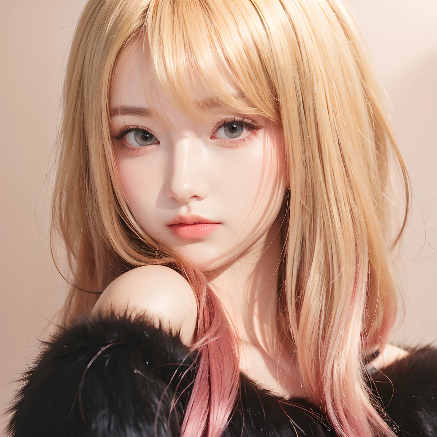 A girl with realistic long yellow pink hair, exactly the same hairstyle, realistic pink eyes, realistic Korean beautiful face, realistic cool expression,Adapt exact clothing, realistic fur black clothes, realistic light, realistic shadows, realistic background