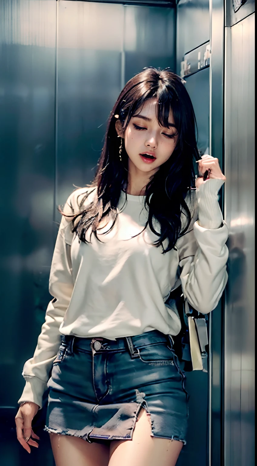 (NSFW:1.5), (((Touch the crotch with your hand:2.0))), (((White thick liquid dripping on the face:1.8))), (((Eyes closed:1.8, Open mouth:1.8))), (((pee:2.0))), (((Squat:1.8, Trembling girl:1.8, Drooling:1.5))), ((Dressing:1.8, Sweatshirt:1.8, a miniskirt:1.8, The lower part of the body is bare:1.8)), (In the elevator:1.8), 1girl in, 18year old, 7headed body, Ideal ratio body proportions, erectile nipple, Medium Hair, A dark-haired, With bangs, small tits, A slender, Small buttocks, beauty legs, Skinny Legs, surrealism, Cinematic lighting, depth of fields, One-person viewpoint, F/1.8, 135 mm, nffsw, masutepiece, ccurate, ((Anatomically correct:1.3)), Textured skin, Super Detail, high details, High quality, awardwinning, Best Quality, hight resolution, 8K
