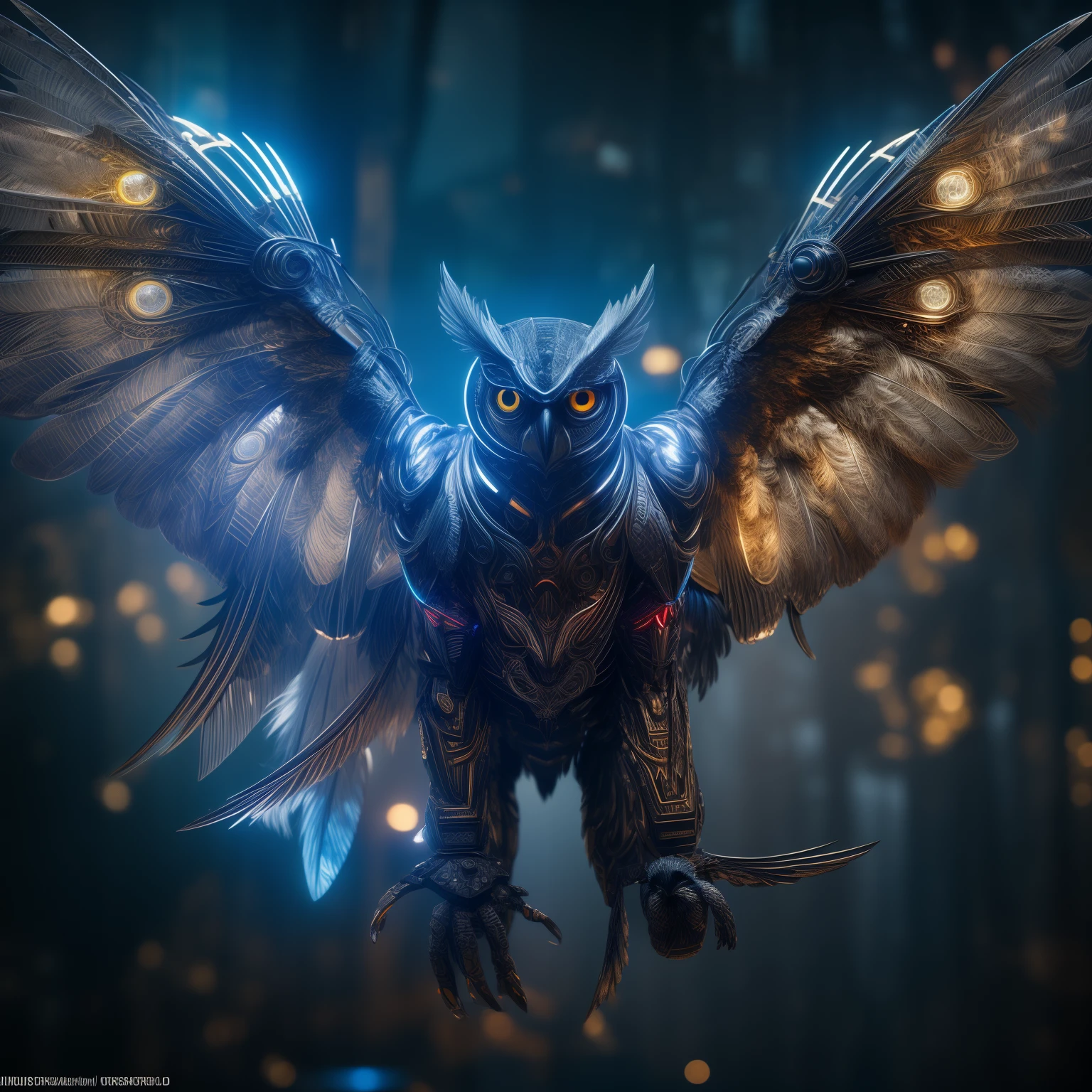 Stable diffusion cues:
Ultra-detailed, A high resolution, Best quality, Masterpiece:1.2, Realistic:1.37, Cyber mechanical owl with intricate details, futuristic art style, Vibrant colors, Glowing eyes, Mechanical feathers and wings, Metallic texture, Sharp focus, Bokeh, Studio lighting