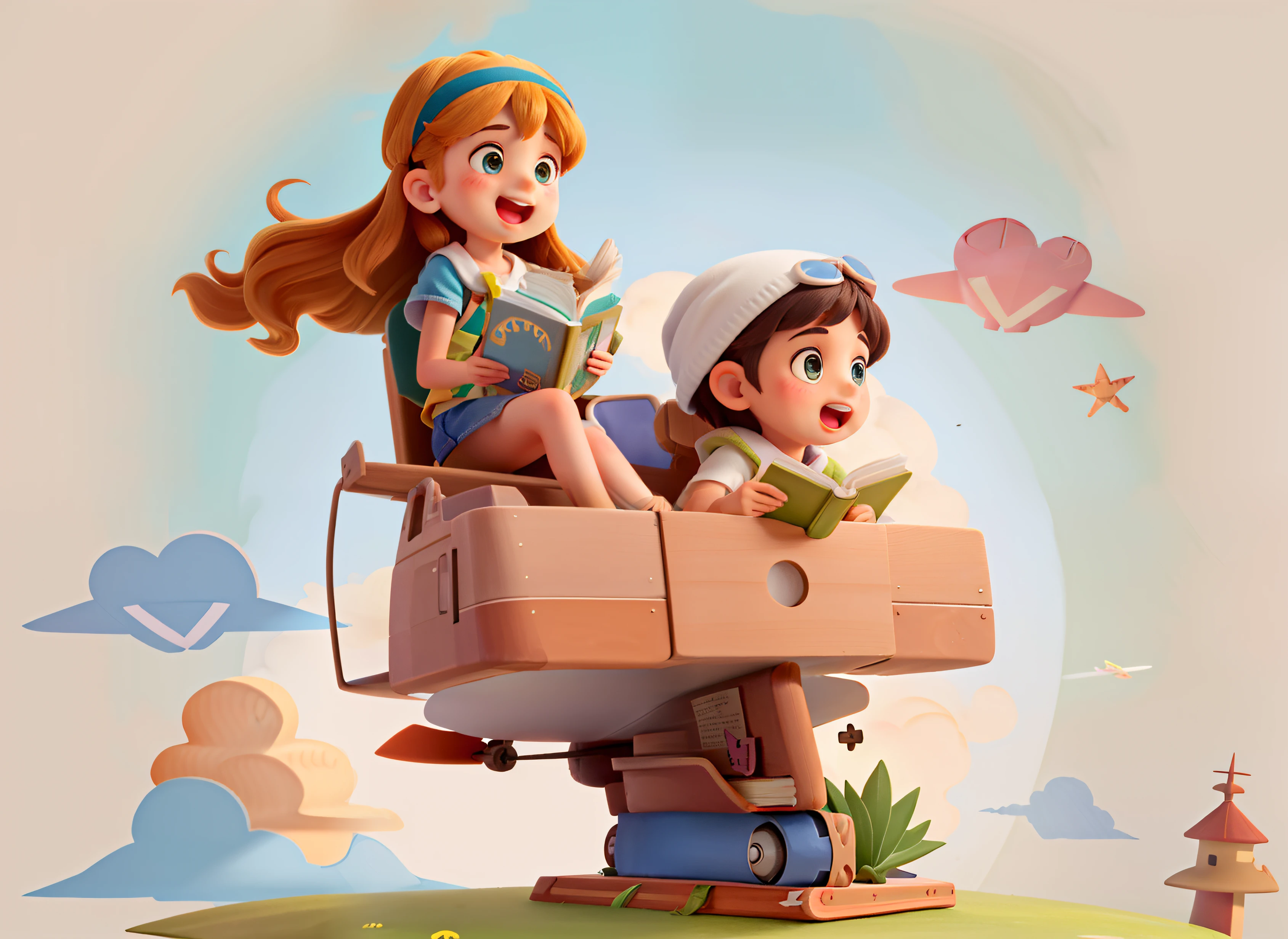 Open-mouthed boy piloting paper airplane, aviao com base de livros, estilo Pixar, Girl holding a compass, rindo e menino aviador sentado em um livro. Plano de papel colado com fitas sentado em uma pilha de livros, illustration for children's book, cute storybook illustration, Airplane Base Books, Feliz, menina segurivros, Girl sitting inside the plane.