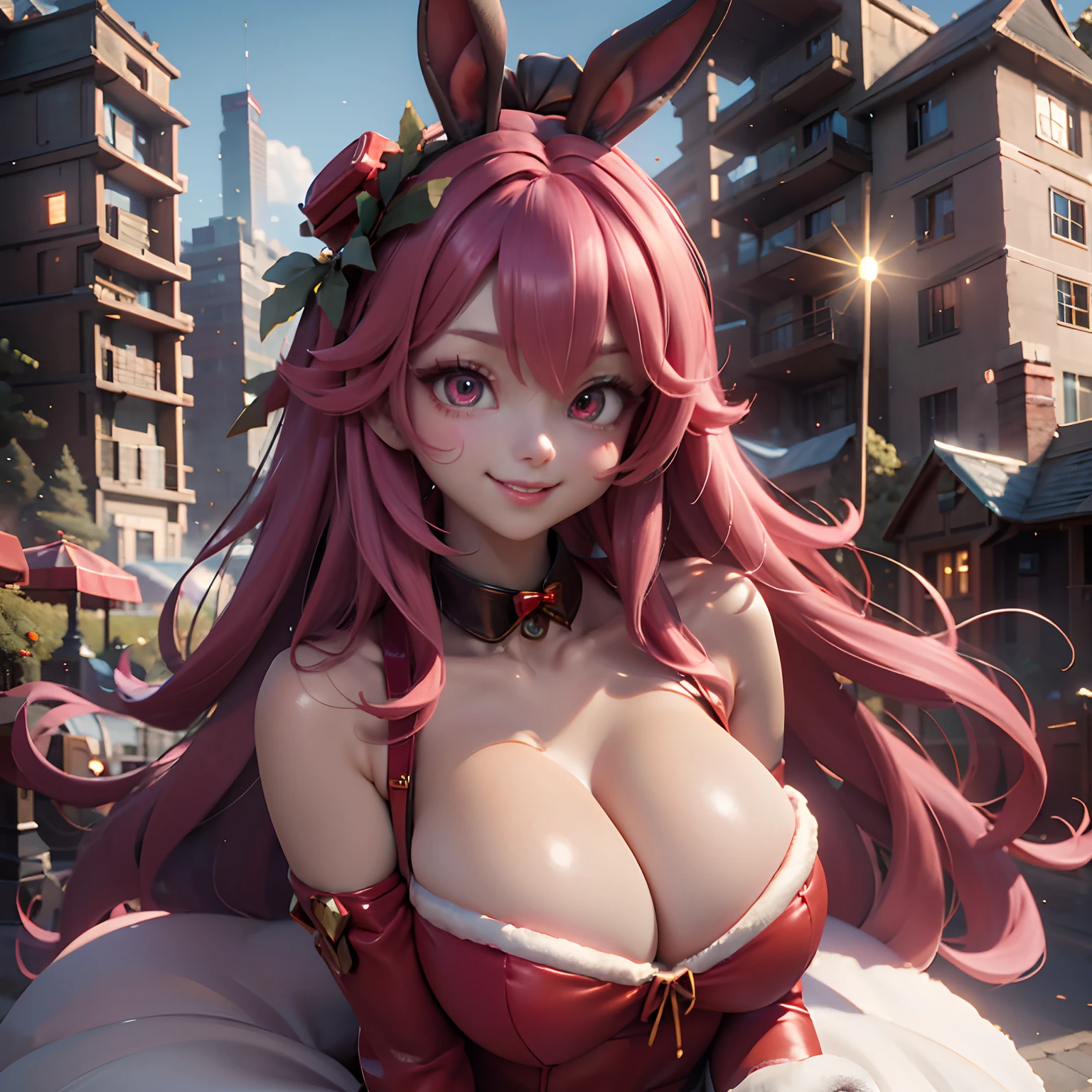 ​masterpiece、top-quality、hight resolution、1beautiful girl、mechs、a mecha girl、Red body color、Body in Christmas colors、Santa hat with rabbit ears、big eye、kawaii eyes、Pink hair、a smile、teak、lip、huge tit、cleavage of the breast、daytime、Building Street、