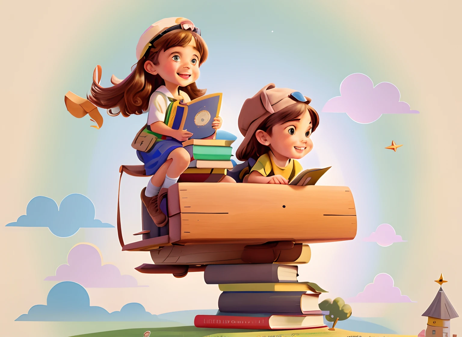 Cartoon illustration of two sitting on a pile of book, Little glding a compass, little girl la and a laughing boy in an aviator hat sitting on a book. Paper plane glued with ribbons sitting on a stack of books, children's book illustration, cute storybook illustration, books plane base, happy, girl holding books, girl sitting inside the plane.