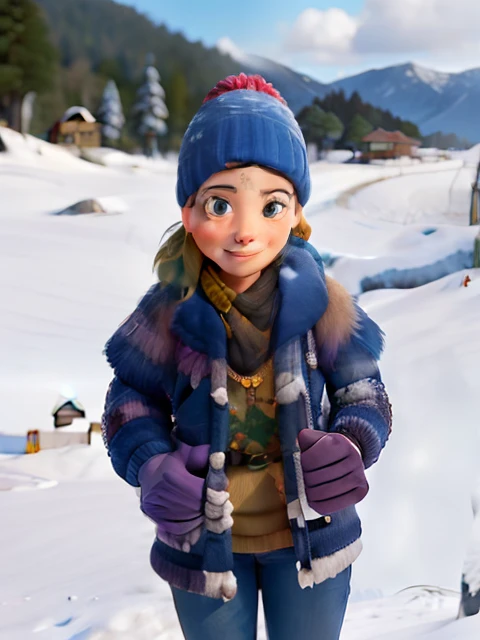 Obra-prima, de melhor qualidade, uma mulher segurando uma caixa com um anel de noivado na neve com fundo de montanhas