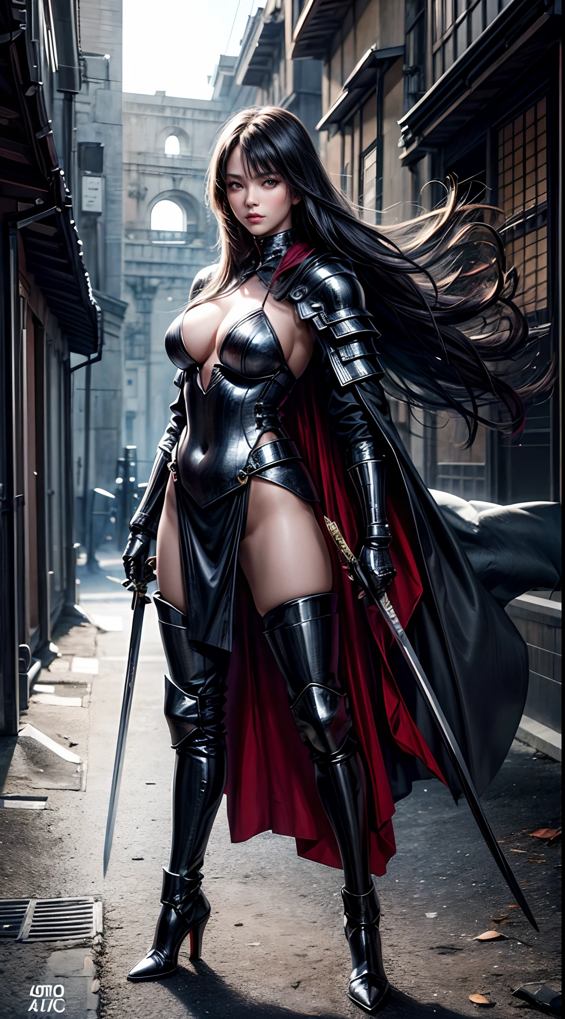 Pretty women, 40yr old,Solo,Japanese,Black Armor,high heels boots,Full body portrait,Female Warrior,Slender body,holding swords,robe,Manteau,Perfect face and nice perfect face, Surreal concept, 8K resolution, photographic quality, Walk through the ruins, Photorealistic,A detailed eye,Diagonal angle,