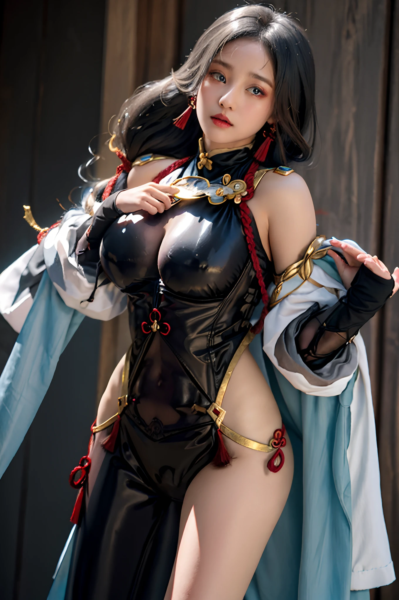 masutepiece, Best quality, 1girl in,1 persons、shenhe \(genshinimpact\), whaite hair,Long hair,hair adornments, Blue eyes,braided ponytails,Puffy sleeves,Golden decoration,mitts,tightsuit,Large breasts,Colossal tits、breast curtains, Shoulder incision,covered navel,hip vent,Clothing cutting, nipple tassels,greybackground,