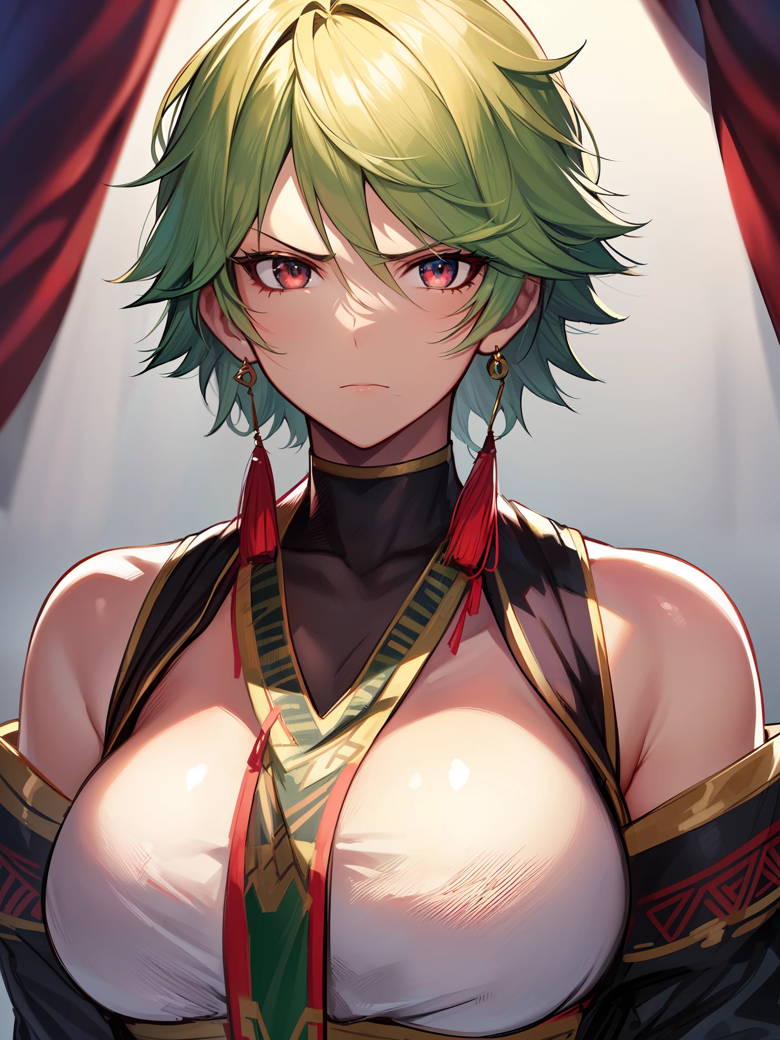 ((red colored eyes)), ((bright green hair)), ((tomboy)), ((short hair)), ((tribal clothing)), ((flower in hair)), ((mature female)), ((wild hairstyle)), ((amazoness)), ((complementary colors)), ((serious expression)), ((light skin)), 1girl, beautifully drawn, high resolution illustration, best quality, High definition, ((detailed anime sketch)), Masterpiece, (solo), absurdres, portrait, detailed background, fine detail, female focus, HDR, upper body, close-up,