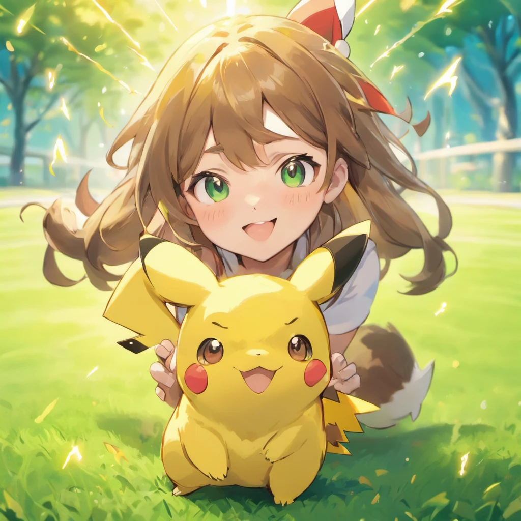 (best quality,4k,8k,highres,masterpiece:1.2),ultra-detailed,realistic,1girl with Pikachu and a Poké Ball in her hands,beautiful detailed eyes,beautiful detailed lips,long eyelashes,cute expression,brown hair,dressed in a colorful Pokémon trainer outfit,holding the Poké Ball gently,sparkling eyes,cheerful and determined expression,Pikachu with rosy cheeks,pointy ears and a lightning bolt-shaped tail by her side,smiling and looking up at her,having a friendly and playful demeanor,lush green grass in the background,sun shining brightly,creating a warm and inviting atmosphere,vibrant colors and vivid details to bring the scene to life,stunning lighting with soft shadows and highlights to enhance the depth and realism of the image.