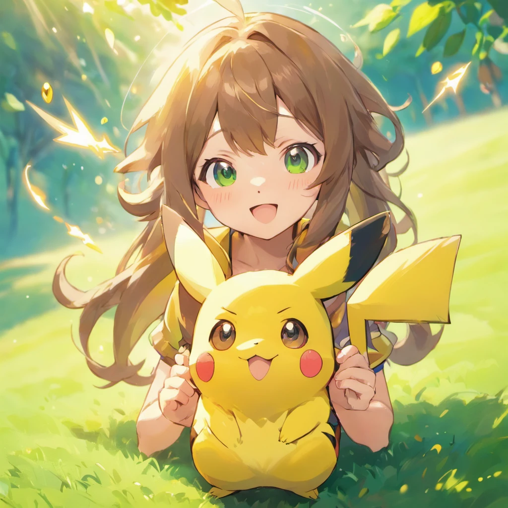 (best quality,4k,8k,highres,masterpiece:1.2),ultra-detailed,realistic,1girl with Pikachu and a Poké Ball in her hands,beautiful detailed eyes,beautiful detailed lips,long eyelashes,cute expression,brown hair,dressed in a colorful Pokémon trainer outfit,holding the Poké Ball gently,sparkling eyes,cheerful and determined expression,Pikachu with rosy cheeks,pointy ears and a lightning bolt-shaped tail by her side,smiling and looking up at her,having a friendly and playful demeanor,lush green grass in the background,sun shining brightly,creating a warm and inviting atmosphere,vibrant colors and vivid details to bring the scene to life,stunning lighting with soft shadows and highlights to enhance the depth and realism of the image.