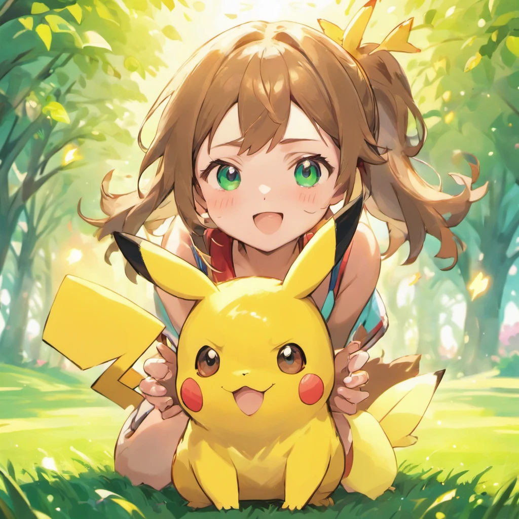 (best quality,4k,8k,highres,masterpiece:1.2),ultra-detailed,realistic,1girl with Pikachu and a Poké Ball in her hands,beautiful detailed eyes,beautiful detailed lips,long eyelashes,cute expression,brown hair,dressed in a colorful Pokémon trainer outfit,holding the Poké Ball gently,sparkling eyes,cheerful and determined expression,Pikachu with rosy cheeks,pointy ears and a lightning bolt-shaped tail by her side,smiling and looking up at her,having a friendly and playful demeanor,lush green grass in the background,sun shining brightly,creating a warm and inviting atmosphere,vibrant colors and vivid details to bring the scene to life,stunning lighting with soft shadows and highlights to enhance the depth and realism of the image.