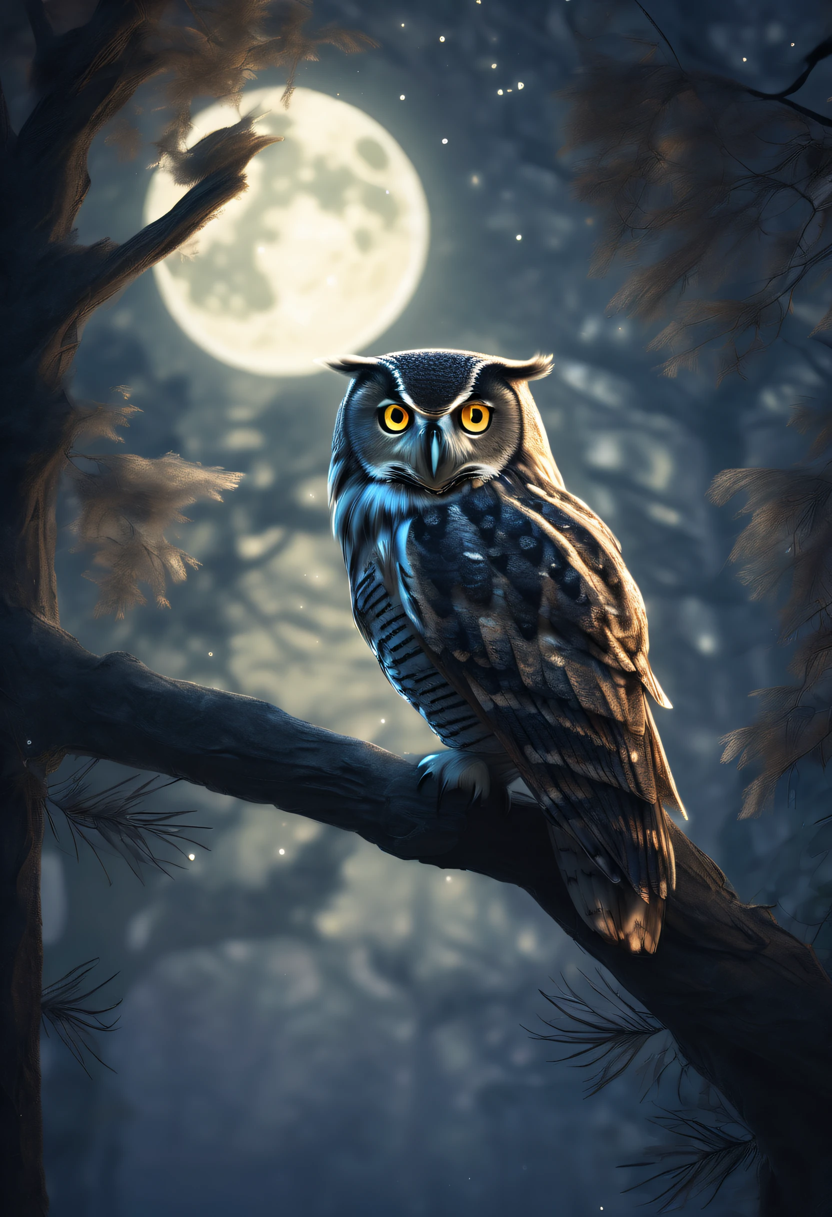 composition:owl perched on a branch,in a tranquil forest,moonlit forest,long feathers,sharp claws,penetrating gaze,intense eyes,detailed texture,furry body,feathers ruffled by the gentle breeze,twinkling stars in the background,natural habitat,hidden in the shadows,hushed silence of the night,mysterious aura,magical ambiance,dark color palette,subtle moonlight illuminating the owl,best quality,5k resolution,ultra-detailed rendering,photorealistic,artistic interpretation,Dressed animals page