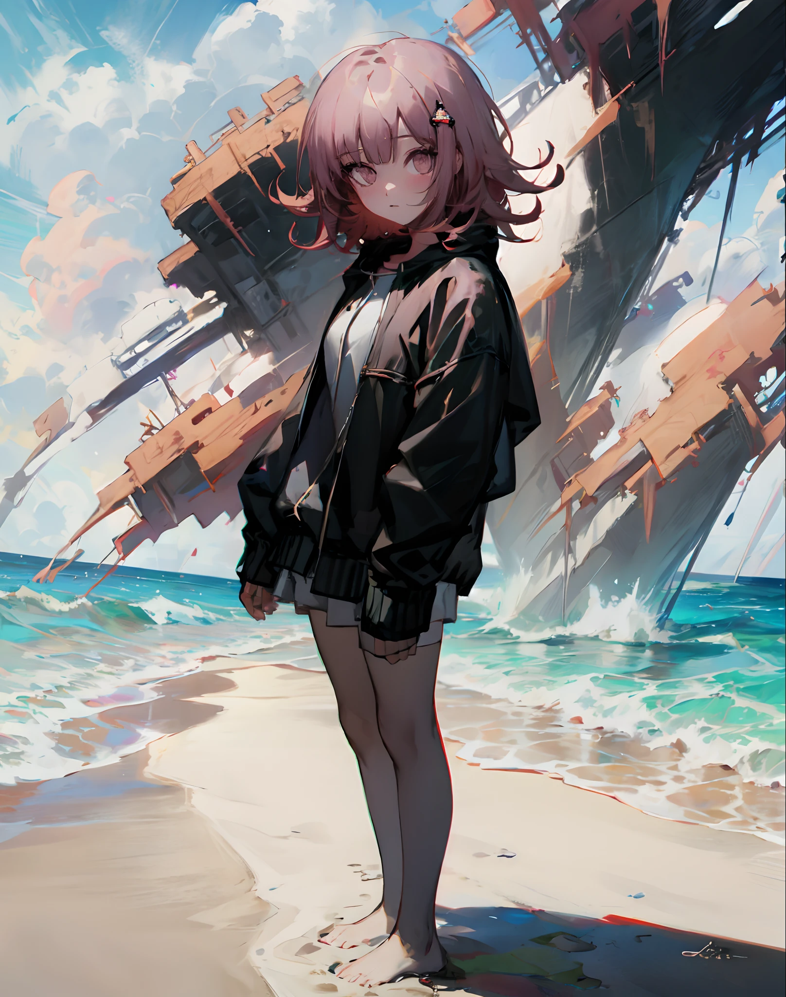 Chiaki nanami looking at the viewer, at the beach