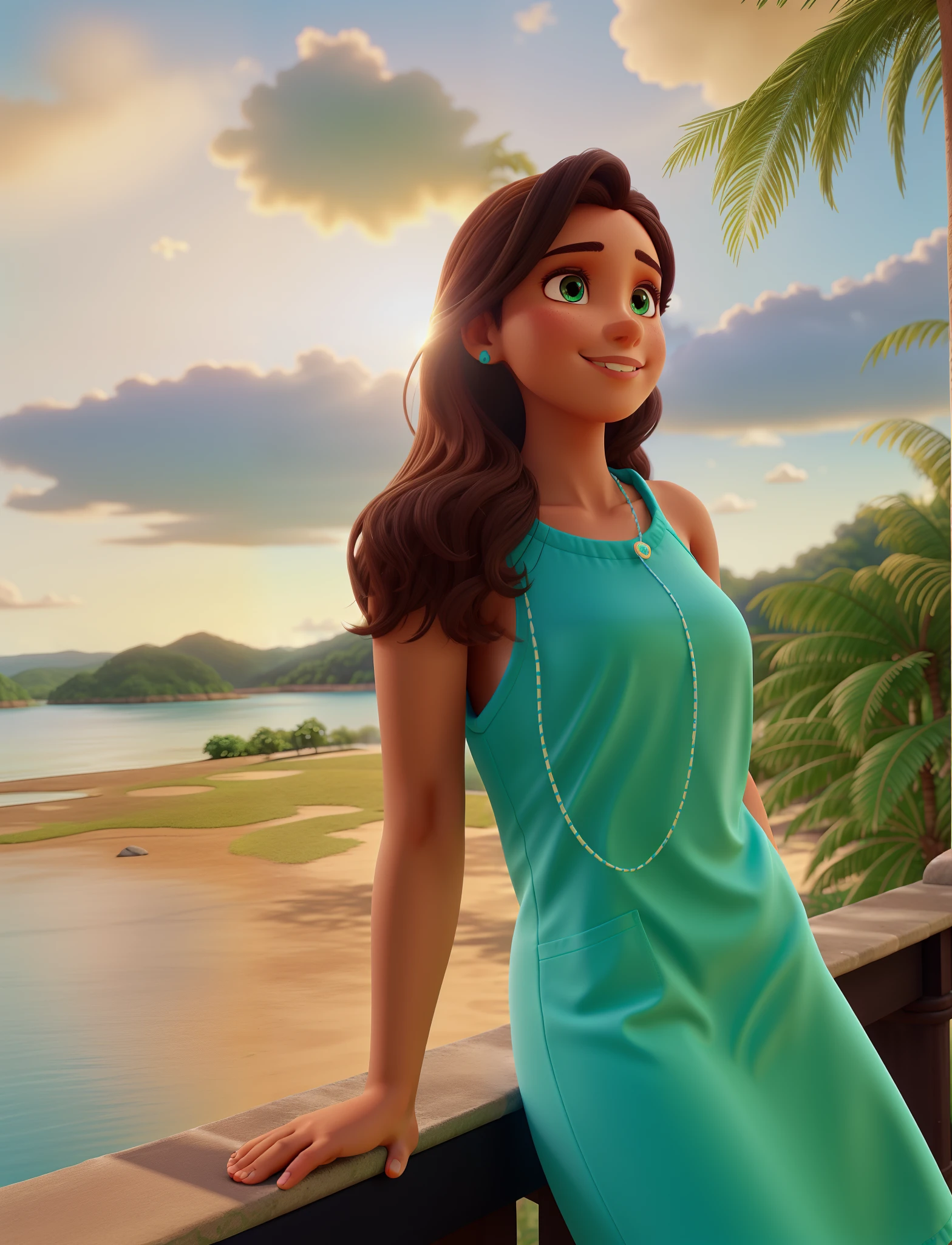 (best quality, ultra-detailed), a Brazilian woman with dark brown hair and blue-green ends, wearing a turquoise blue outfit and ALL star sneakers, on a sunny day. [beautiful detailed eyes, beautiful detailed lips, flowing dark hair], vibrant colors, [tropical garden scenery, lush greenery], [sunlit path, warm sunlight], [happy expression, confident posture, a smile on her face], [blue sky, fluffy white clouds], [shadows, natural lighting], [brilliant turquoise dress, modern fashion style], [tanned skin, healthy glow], [gentle breeze, rustling leaves], [playful sunlight, subtle lens flare].