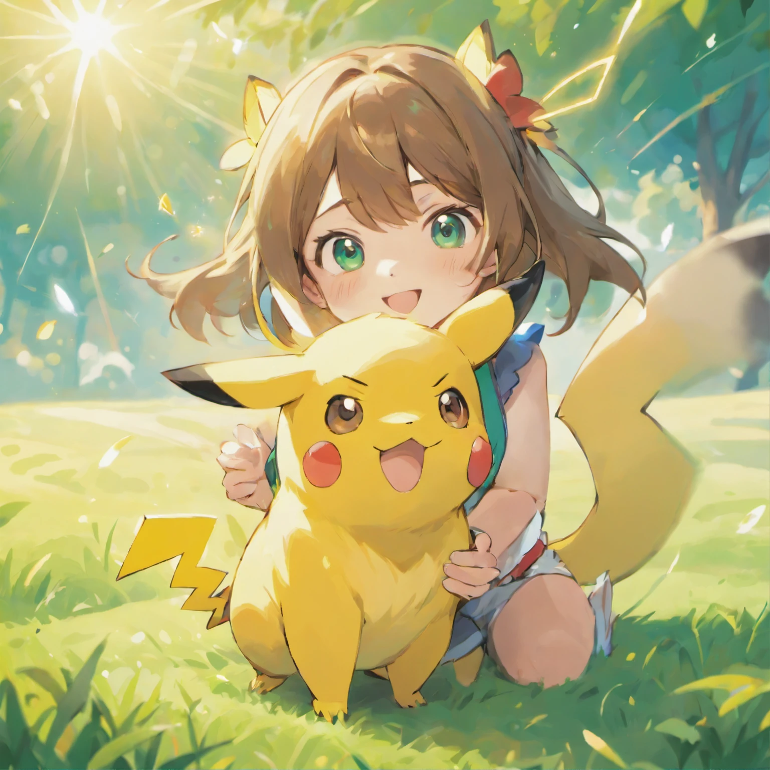 (best quality,4k,8k,highres,masterpiece:1.2),ultra-detailed,realistic,1girl with Pikachu and a Poké Ball in her hands,beautiful detailed eyes,beautiful detailed lips,long eyelashes,cute expression,brown hair,dressed in a colorful Pokémon trainer outfit,holding the Poké Ball gently,sparkling eyes,cheerful and determined expression,Pikachu with rosy cheeks,pointy ears and a lightning bolt-shaped tail by her side,smiling and looking up at her,having a friendly and playful demeanor,lush green grass in the background,sun shining brightly,creating a warm and inviting atmosphere,vibrant colors and vivid details to bring the scene to life,stunning lighting with soft shadows and highlights to enhance the depth and realism of the image.