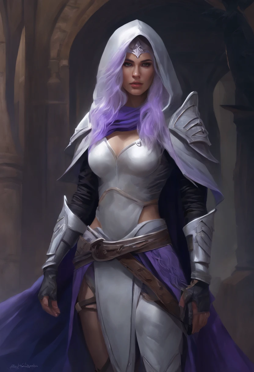 ung warrior woman long white light purple hair, pale skin,armor bandaged arms, purple eyes, crop top white and black, long blue hood, dark blue military skirt, abdomen cuvered, legs complete covered with bandages, long combat boots, busty, concept art, perfect proportions body, greg rutkowski, loish, rhads, rossdraws, tom bagshaw, global illumination, detailed and intricate environment, front view, full body, combatant, 1 woman.