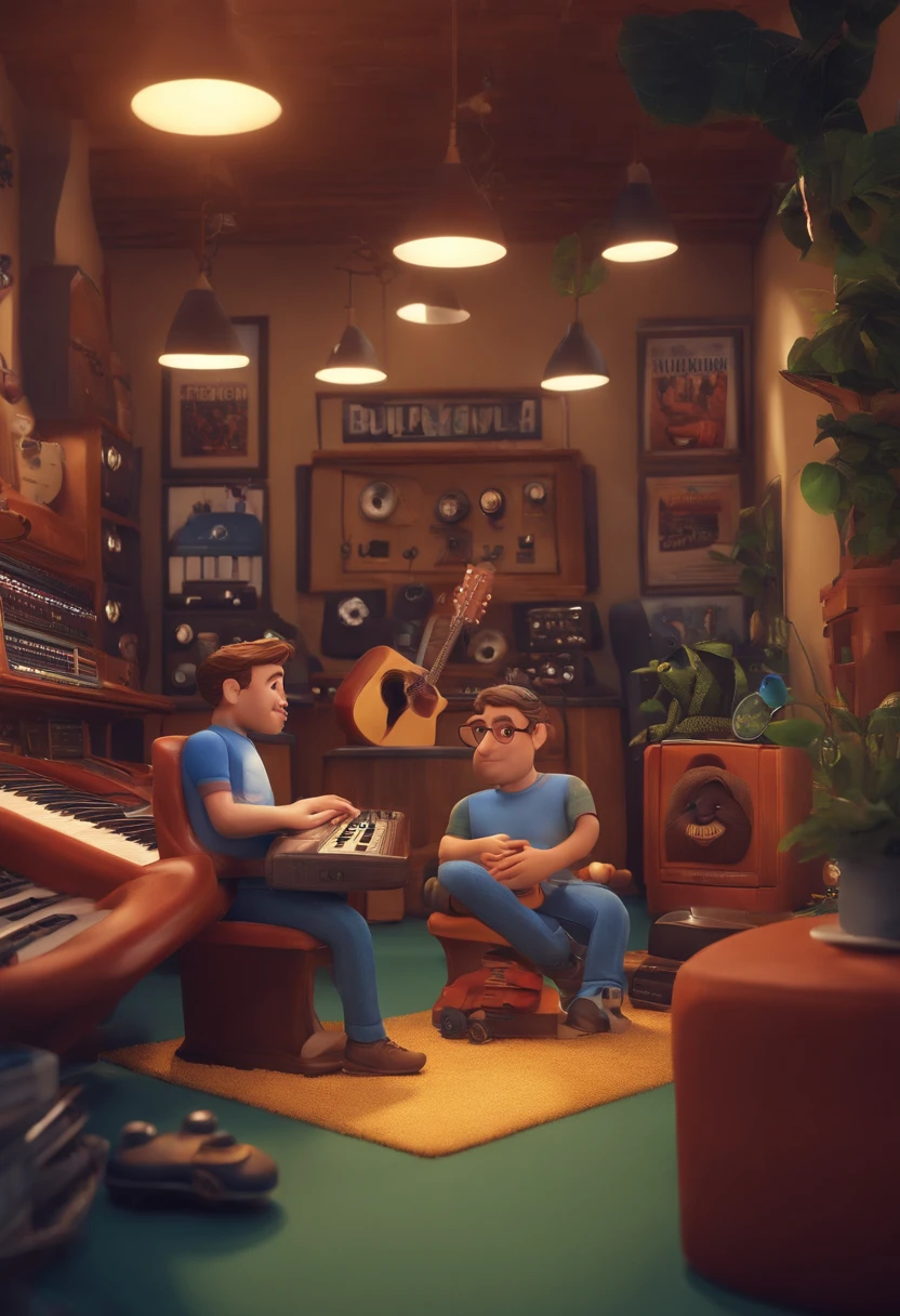 um homem, em breve, barba curta, olhos castanhos, com fones de ouvido, A music studio in the background, Imagem no estilo Pixar, Estilo de filme animado 3D, Disney, camiseta preta