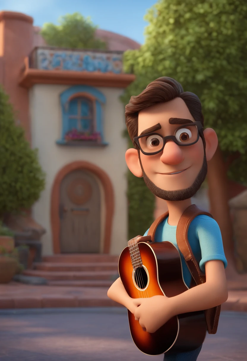 um homem, em breve, barba curta, olhos castanhos, com fones de ouvido, A music studio in the background, Imagem no estilo Pixar, Estilo de filme animado 3D, Disney, camiseta preta