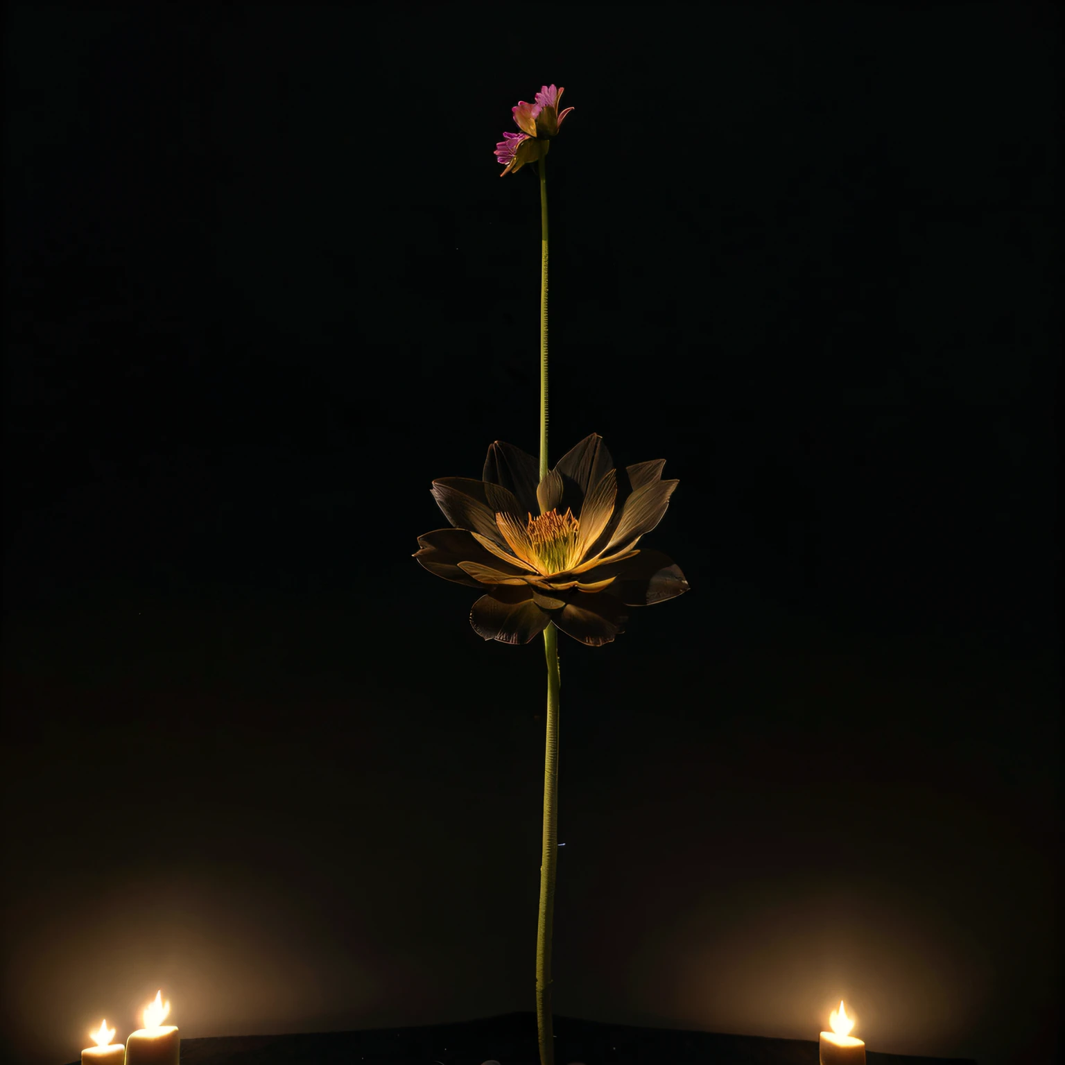 imagen photorealista de una flor negra sobre un mantel de tela premium color negro iluminada por suaves luces calidas amarillas, la flor se ve desde arriba, con un fondo totalmente negro