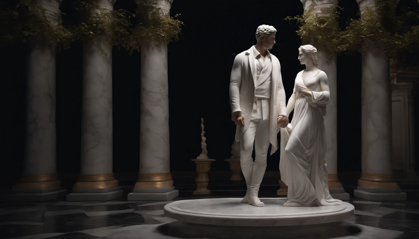 White marble statue, stoic man and his woman, full body, 8K cinematic dark background, ultra realistic.