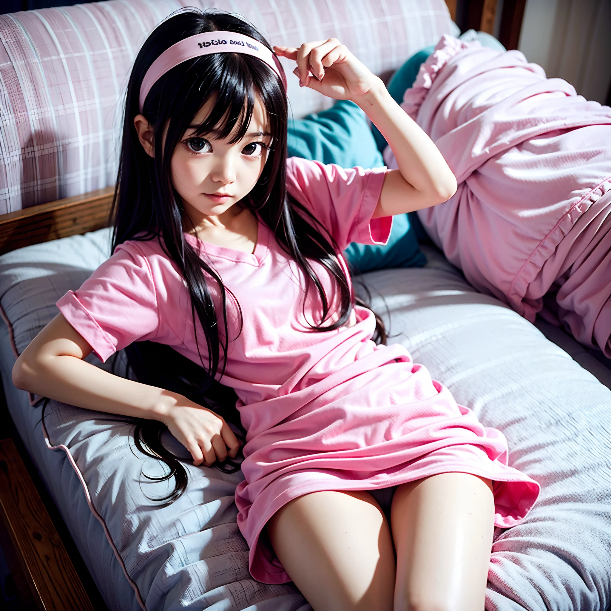 Best Quality, masutepiece, Ultra-detailed high resolution, 8K, Cute Japan girl, Long Black Hair, Pink headband, petite and short body, Little ooks like a 7-year-old, Babce, L, Soflift clothes, Dress, a bed, showing off crotch