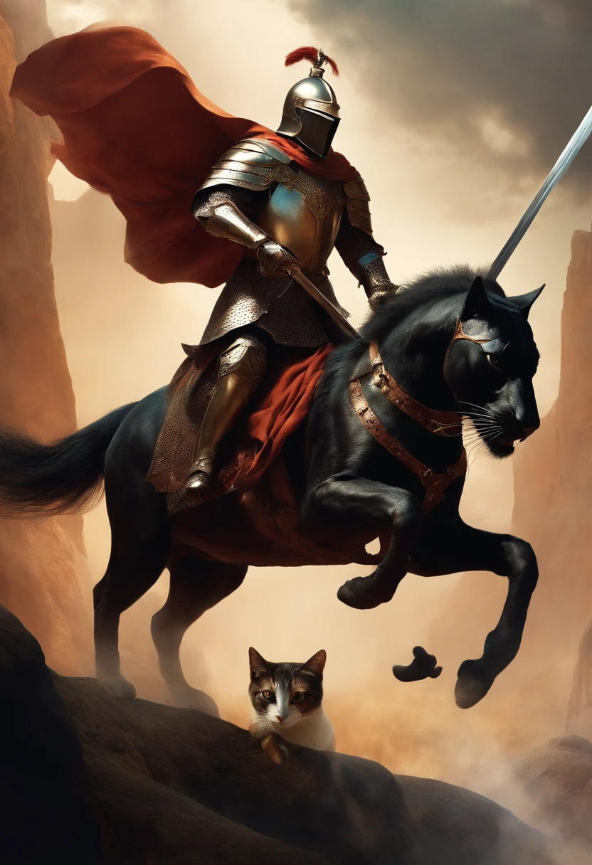 a knight with a sword riding a giant cat