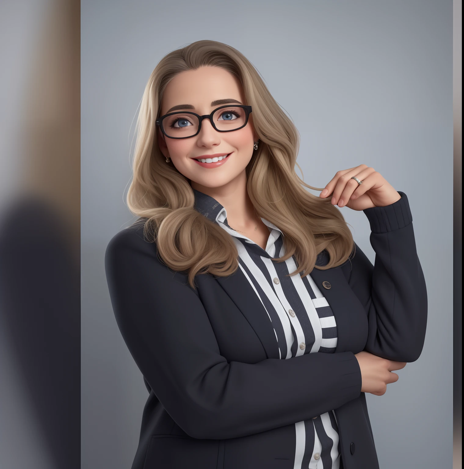 Uma mulher de 60 anos, com cabelos castanhos claros cumpridos, Rosto redondo, rosto redondo com sorriso encantador, e olhos azuis, wearing glasses. TV presenter looking at the camera
