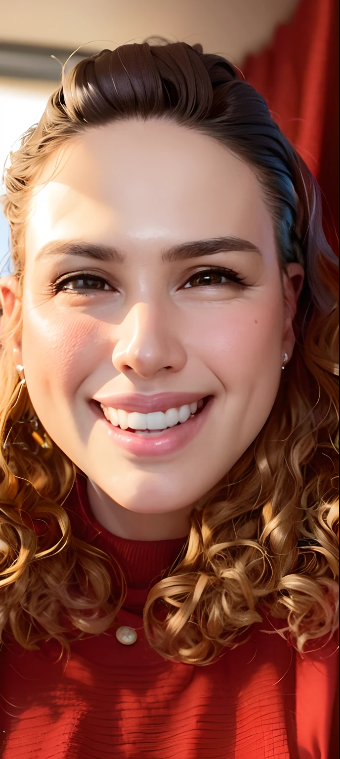 Smiling woman with curly hair and a red sweater in a car, Alanis Guillen, Marischa Becker, close-up headshot, imagem de perfil, Lorena Avarez, sorrindo e olhando diretamente, fernanda suarez, andrea rocha, happily smiling at the camera, Malika Favre, fechar o rosto, foto de perfil headshot, Magda Torres Gurza