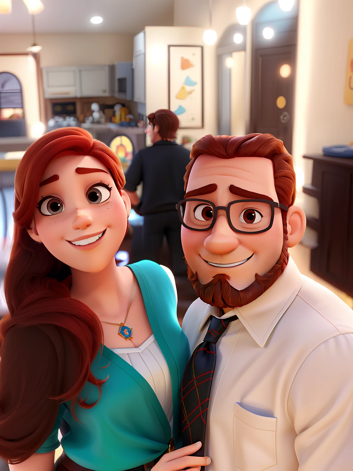 Casal (homem branco com cabelo e barba ruiva e mulher branca com cabelo preto) no estilo Disney Pixar, alta qualidade, melhor qualidade.