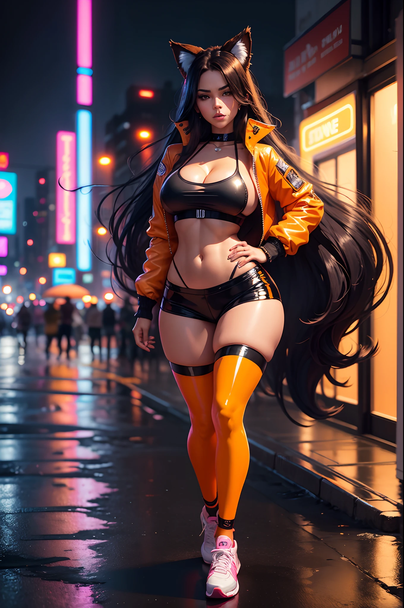beautiful Mexican with cat ears, gigantic cleavage huge breasts, small waist, wide hips, skimpy crop top and tight booty shorts, orange half jacket, glossy shiny pantyhose, sneakers, extremely long flowing hair, cyberpunk neon rainy city at night, 8k,hd, intricate, photo realistic