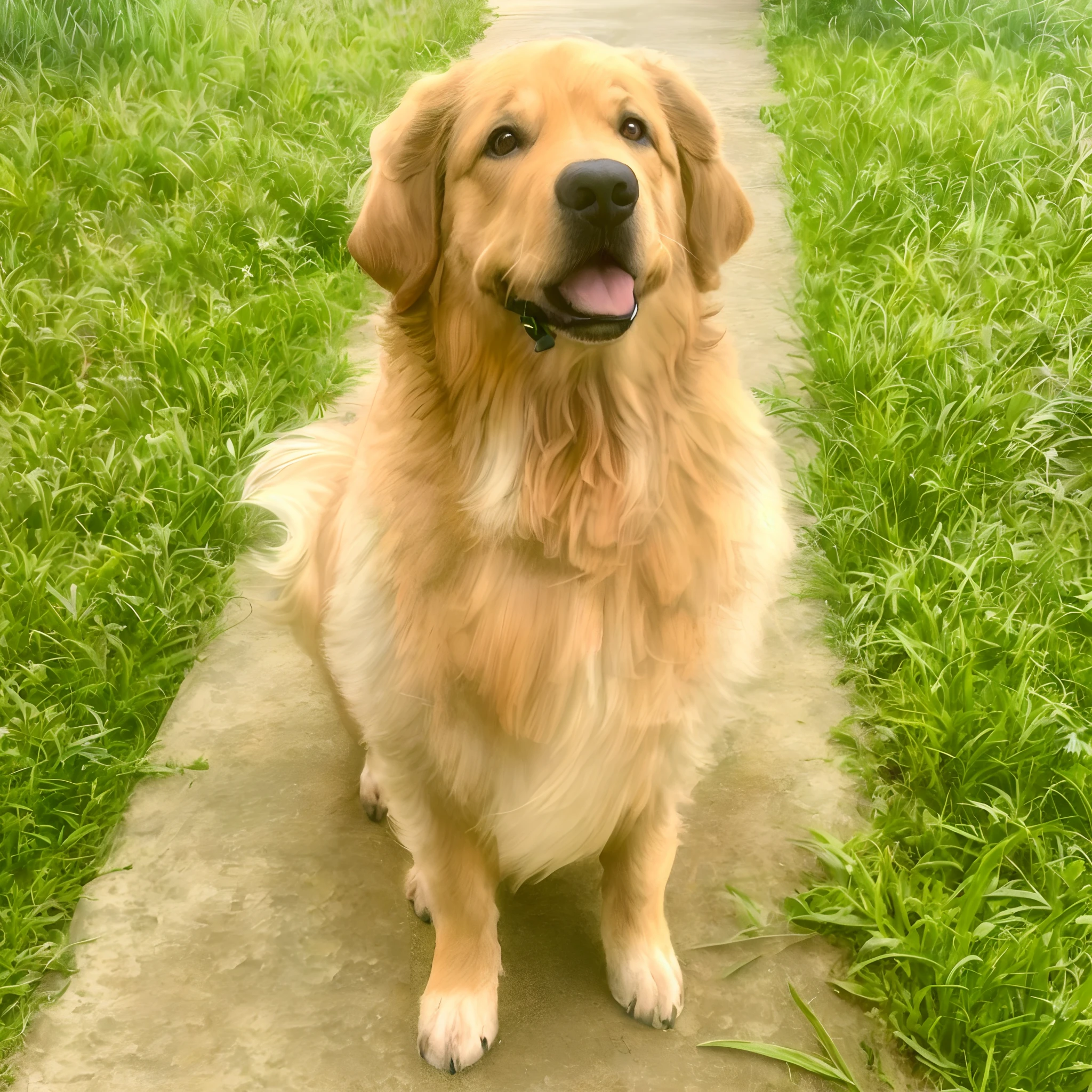 There's a dog that's sitting on the sidewalk in the grass, Retriever dourado, 2 anos, cheio de camadas douradas, bonito, olhar orgulhoso, Regal Pose, muito bonito, staring directly at camera, retrato frontal, um bonito, taken in the early 2020s
