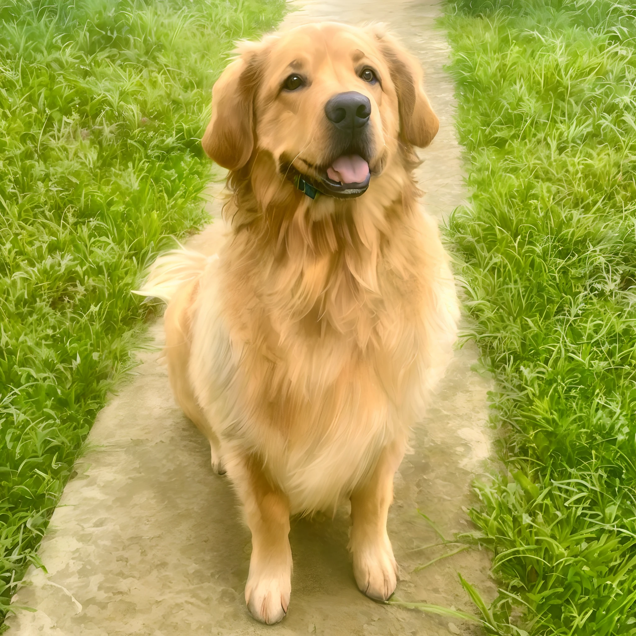 There's a dog that's sitting on the sidewalk in the grass, Retriever dourado, 2 anos, cheio de camadas douradas, bonito, olhar orgulhoso, Regal Pose, muito bonito, staring directly at camera, retrato frontal, um bonito, taken in the early 2020s